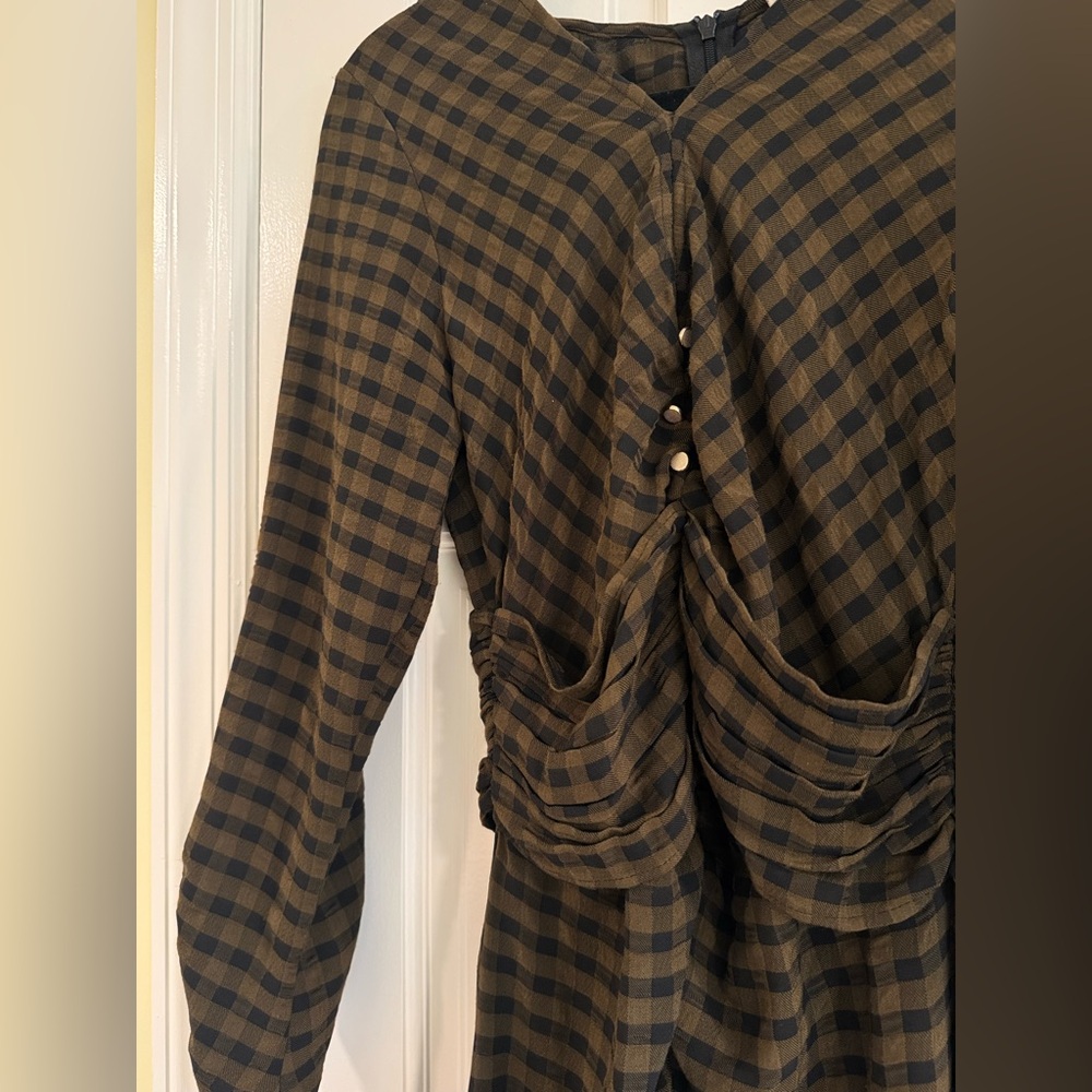 Zara Long Sleeve Brown Plaid Ruched Waist Dress - Picture 3 of 4